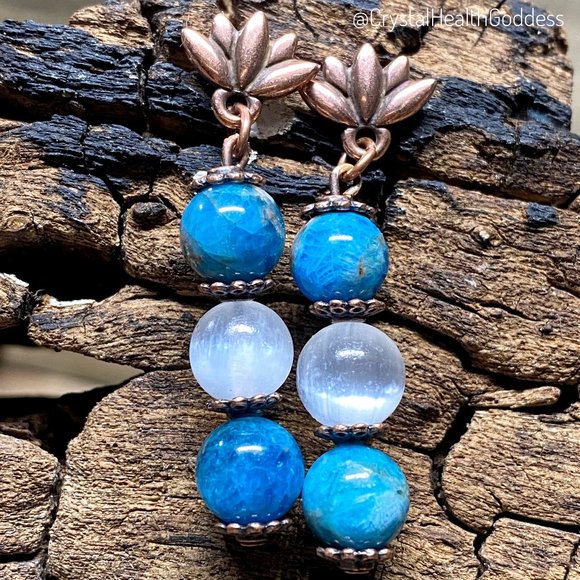 Blue Apatite Selenite Antique Copper Lotus Flower Earrings - Picture 1 of 5
